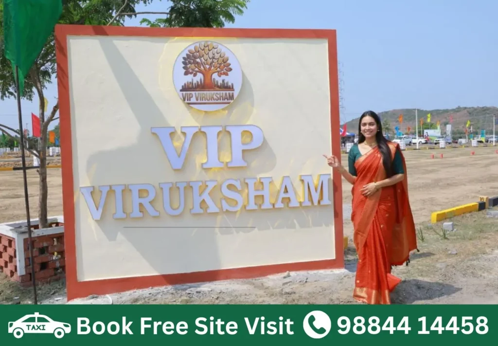 VIP Viruksham project entrance signage at Singaperumal Koil premium villa plots community near GST Road Chennai and Mahindra World City